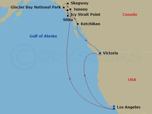 Route map: Los Angeles, California → Juneau, Alaska → Skagway, Alaska → Icy Strait Point, Alaska → Sitka, Alaska → Ketchikan, Alaska → Victoria, Canada → Los Angeles, California