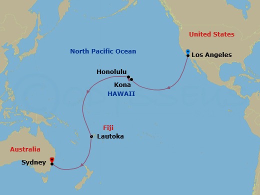 Route map: Los Angeles, CA, USA → Kona, HI, USA → Honolulu, HI, USA → Cross International Date Line (Cruise-by) → Lautoka, Fiji → Sydney, NSW, Australia