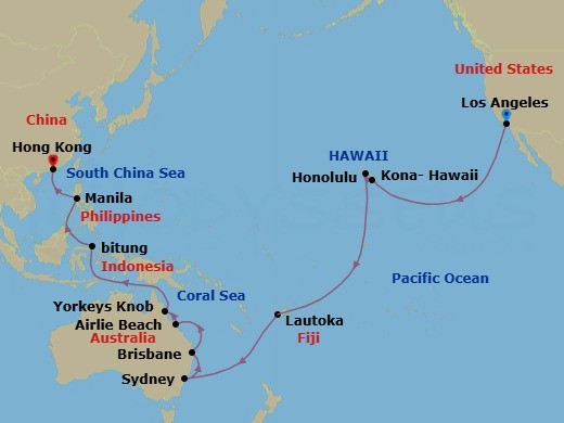 Route map: Los Angeles, CA, USA → Kona, HI, USA → Honolulu, HI, USA → Cross International Date Line (Cruise-by) → Lautoka, Fiji → Sydney, NSW, Australia → Brisbane, QLD, Australia → Airlie Beach, QLD, Australia → Yorkeys Knob (tours to Cairns), QLD, Australia → Bitung, Indonesia