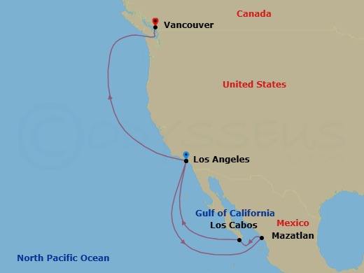 Route map: Los Angeles, California → Mazatlan, Mexico → Cabo San Lucas, Mexico → Los Angeles, California → Vancouver, Canada