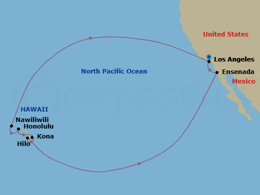 Route map: Los Angeles, California → Kauai (Nawiliwili), Hawaii → Honolulu, Hawaii → Hilo, Hawaii → Kona, Hawaii → Ensenada, Mexico → Los Angeles, California