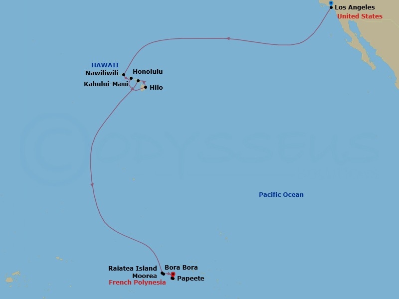 Route map: Los Angeles → Nawiliwili → Honolulu → Hilo → Kahului → Bora Bora → Raiatea → Moorea → Papeete (Tahiti)