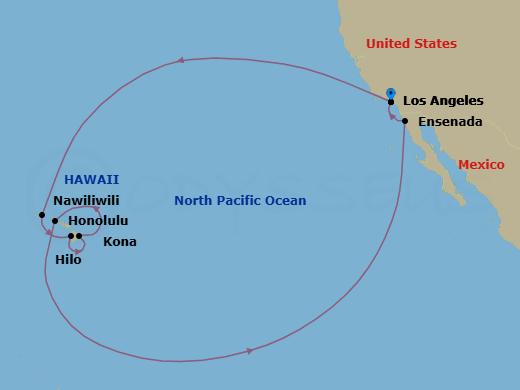Route map: Los Angeles, California → Kauai (Nawiliwili), Hawaii → Kona, Hawaii → Hilo, Hawaii → Honolulu, Hawaii → Ensenada, Mexico → Los Angeles, California