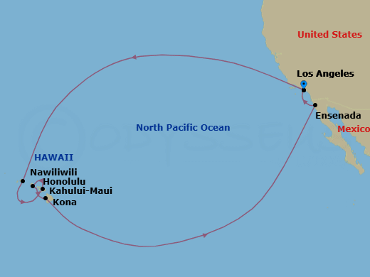 Route map: Los Angeles, California → Kauai (Nawiliwili), Hawaii → Kahului, Hawaii → Honolulu, Hawaii → Kona, Hawaii → Ensenada, Mexico → Los Angeles, California