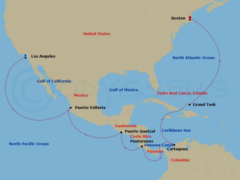 Route map: Los Angeles, California → Puerto Vallarta, Mexico → Puerto Quetzal,Guatemala → Puntarenas, Costa Rica → Cartagena, Colombia → Grand Turk, Turks & Caicos → Boston, Massachusetts