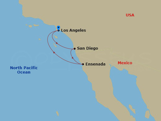 Route map: Los Angeles, California → San Diego, California → Ensenada, Mexico → Los Angeles, California