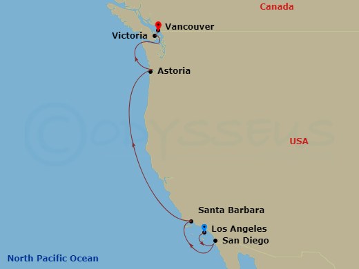 Route map: Los Angeles, California → San Diego, California → Santa Barbara, California → Astoria, Oregon → Victoria, Canada → Vancouver, Canada