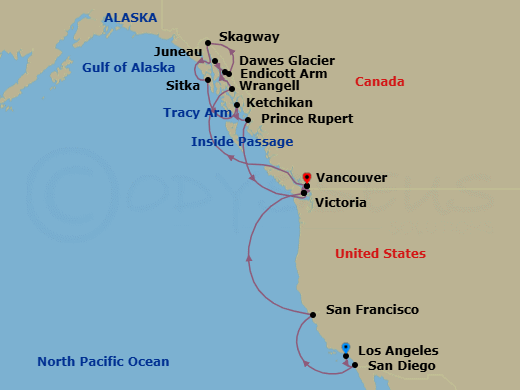 Route map: Los Angeles → San Diego → San Francisco → Victoria → Vancouver → Wrangell → Juneau → Endicott Arm (Dawes Glacier) → Skagway → Sitka