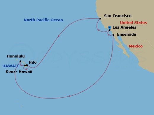 Route map: Los Angeles → San Francisco → Hilo → Kona- Hawaii → Honolulu → Ensenada → Los Angeles