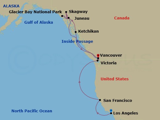 Route map: Los Angeles, California → San Francisco, California → Victoria, Canada → Vancouver, Canada → Juneau, Alaska → Skagway, Alaska → Ketchikan, Alaska → Vancouver, Canada