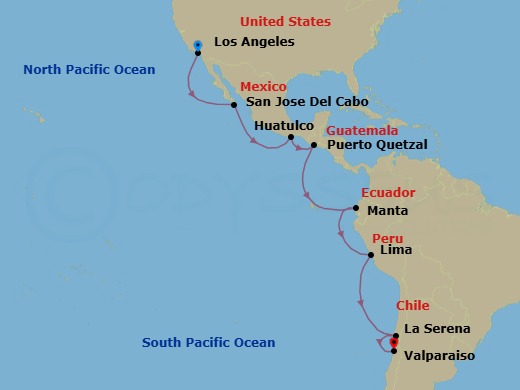 Route map: Los Angeles → San Jose Del Cabo → Huatulco → Puerto Quetzal → Manta → Lima → La Serena (Coquimbo), Chile → Valparaiso