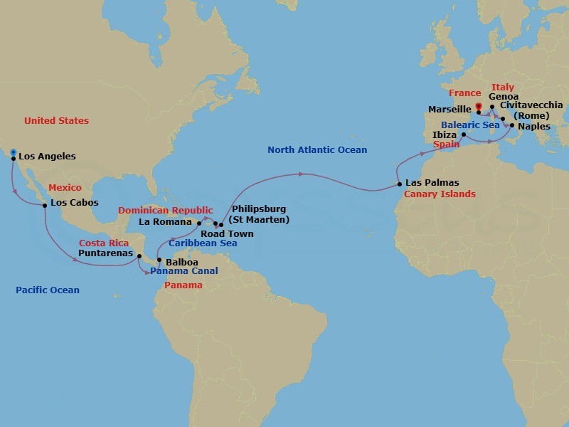Route map: Los Angeles → Los Cabos → Puntarenas → Balboa → Panama Canal → La Romana → Road Town → St Maarten (Philipsburg) → Las Palmas → Ibiza