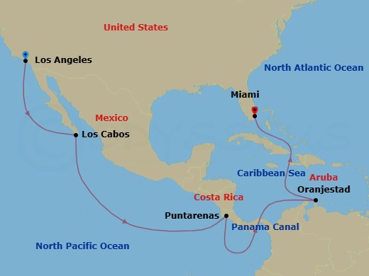 Route map: Los Angeles, CA, USA → Cabo San Lucas, Mexico → Puntarenas, Costa Rica → Transit the Panama Canal,     Panama (Full Transit) → Oranjestad, Aruba → Miami, FL, USA