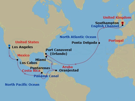 Route map: Los Angeles, CA, USA → Cabo San Lucas, Mexico → Puntarenas, Costa Rica → Transit the Panama Canal,     Panama (Full Transit) → Oranjestad, Aruba → Miami, FL, USA → Port Canaveral, FL, USA → Ponta Delgada, Azores, Portugal → Southampton, England, UK