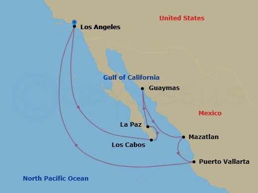 Route map: Los Angeles, California → Cabo San Lucas, Mexico → La Paz, Mexico → Guaymas, Mexico → Mazatlan, Mexico → Puerto Vallarta, Mexico → Los Angeles, California