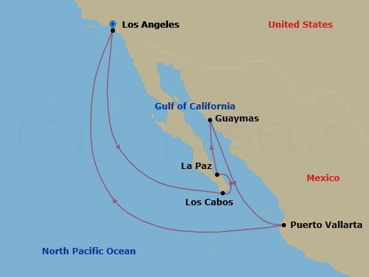 Route map: Los Angeles, California → Cabo San Lucas, Mexico → La Paz, Mexico → Guaymas, Mexico → Puerto Vallarta, Mexico → Los Angeles, California