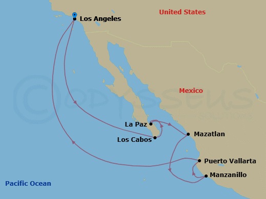 Route map: Los Angeles → Cabo San Lucas → La Paz → Mazatlan → Manzanillo → Puerto Vallarta → Los Angeles