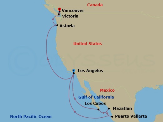 Route map: Los Angeles, California → Cabo San Lucas, Mexico → Mazatlan, Mexico → Puerto Vallarta, Mexico → Los Angeles, California → Astoria, Oregon → Victoria, Canada → Vancouver, Canada