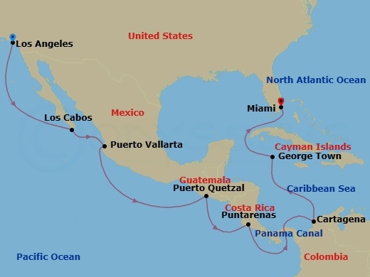 Route map: Los Angeles → Cabo San Lucas → Puerto Vallarta → Puerto Quetzal → Puntarenas → Panama Canal Daylight Transit → Cartagena → George Town → Miami