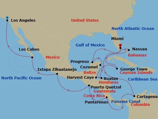 Route map: Los Angeles → Cabo San Lucas → Zihuatanejo (Ixtapa) → Puerto Quetzal → Puntarenas → Panama Canal Daylight Transit → Cartagena → Nassau → Miami → Progreso