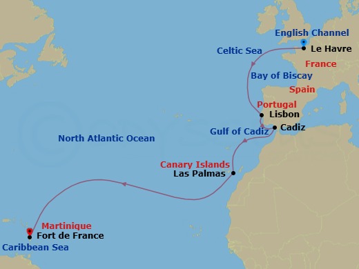Route map: Le Havre → Lisbon → Cadiz → Las Palmas → Fort de France