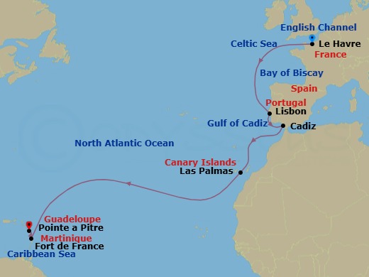 Route map: Le Havre (France) → Lisbon (Portugal) → Cadiz (Spain) → Las Palmas (Canary Islands) → Martinique (Antilles) → Guadeloupe (Antilles)