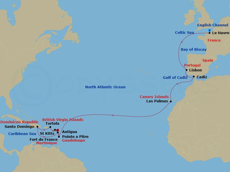 Route map: Le Havre → Lisbon → Cadiz → Las Palmas → Fort de France → Pointe a Pitre → St Kitts → Antigua → Tortola → Santo Domingo