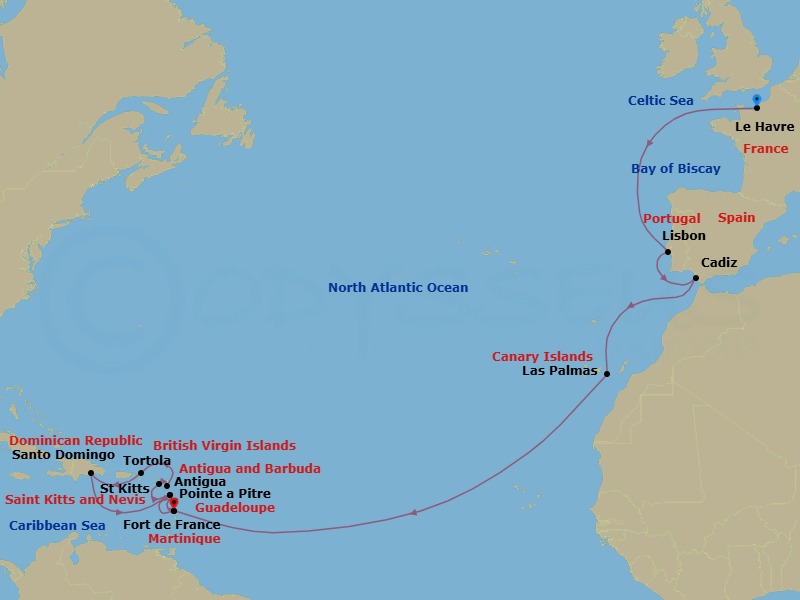 Route map: Le Havre → Lisbon → Cadiz → Las Palmas → Fort de France → Pointe a Pitre → St Kitts → Antigua → Tortola → Santo Domingo