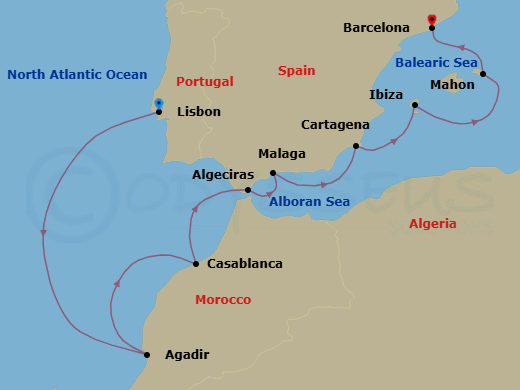 Route map: Lisbon → Agadir → Casablanca → Algeciras → Malaga → Cartagena → Ibiza → Mahon (Menorca) → Barcelona