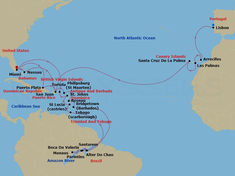 Route map: Lisbon → Arrecife (Lanzarote) → Las Palmas De Gran Canaria → Santa Cruz De La Palma → San Juan → Puerto Plata → Miami → Tortola → St Johns → Castries