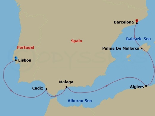 Route map: Lisbon → Cadiz → Malaga → Palma De Mallorca → Barcelona