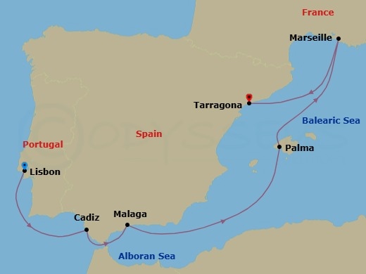 Route map: Lisbon (Cascais) Portugal → Cadiz (Seville) Spain → Malaga (Granada) Spain → Palma de Mallorca (Baleari Is.) Spain → Marseille (Provence) France → Tarragona Spain