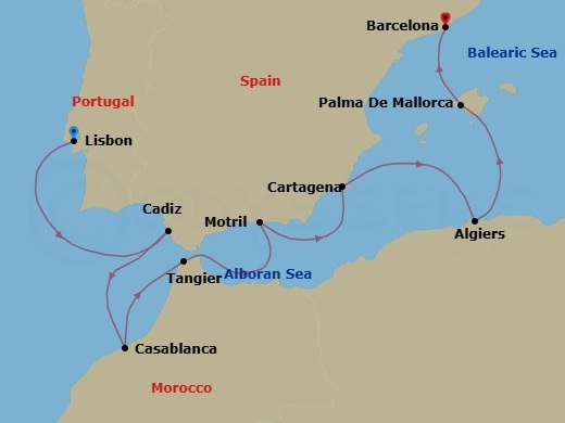 Route map: Lisbon → Cadiz → Casablanca → Tangier (Tetouan) Morocco → Motril → Cartagena → Malaga → Palma De Mallorca → Barcelona