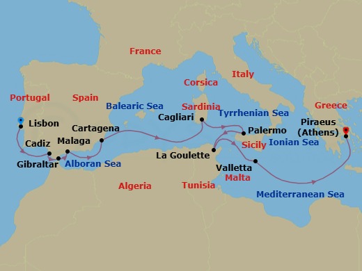 Route map: Lisbon → Seville (Cadiz) → Gibraltar → Malaga → Cartagena → Cagliari (Sardinia) → Palermo (Sicily) → Tunis (La Goulette) → Valletta → Athens (Piraeus)