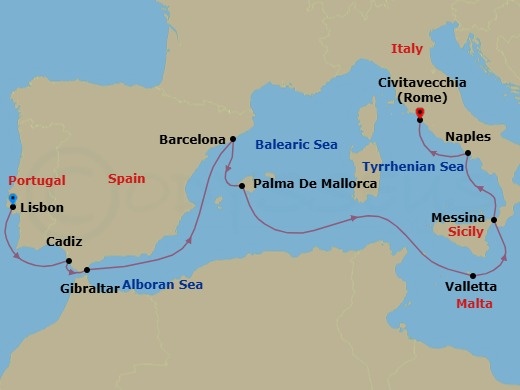 Route map: Lisbon, Portugal → Cadiz (Seville), Spain → Gibraltar → Barcelona, Spain → Palma de Mallorca, Spain → Valletta, Malta → Messina, Italy → Naples (Pompeii/Amalfi), Italy → Civitavecchia (Rome), Italy