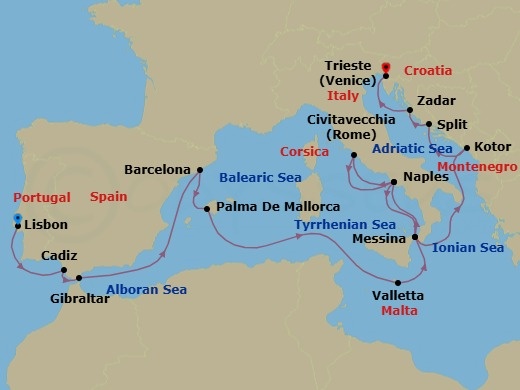 Route map: Lisbon, Portugal → Cadiz (Seville), Spain → Gibraltar → Barcelona, Spain → Palma de Mallorca, Spain → Valletta, Malta → Messina, Italy → Naples (Pompeii/Amalfi), Italy → Civitavecchia (Rome), Italy → Naples (Pompeii/Amalfi), Italy