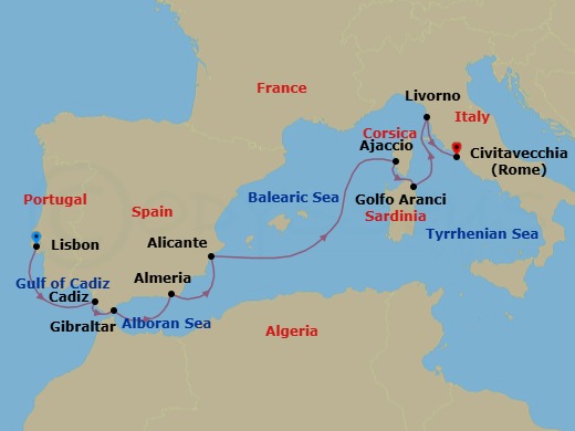 Route map: Lisbon → Seville (Cadiz) → Gibraltar → Almeria → Alicante → Ajaccio (Corsica) → Golfo Aranci → Florence/Pisa/Tuscany (Livorno) → Rome (Civitavecchia)