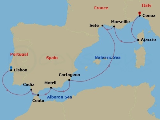 Route map: Lisbon, Portugal → Cadiz (Seville), Spain → Ceuta, Spanish Morocco, Spain → Motril (Granada), Spain → Cartagena, Spain → Sete, France → La Joliette (Marseille), France → Ajaccio, Corsica, France → Genoa, Italy