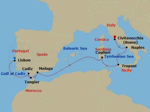 Route map: Lisbon → Cadiz → Tangier → Malaga, Spain → Sardinia/Cagliari → Trapani (Sicily) → Port Of Naples → Civitavecchia (Rome)