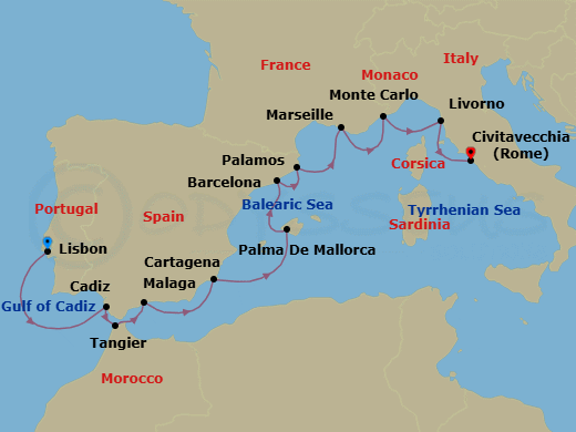 Route map: Lisbon → Seville (Cadiz) → Tangier → Granada (Malaga) → Murcia (Cartagena) → Palma De Mallorca → Barcelona → Palamos → Marseille → Monte Carlo
