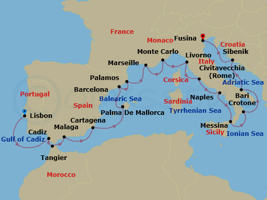 Route map: Lisbon → Seville (Cadiz) → Tangier → Granada (Malaga) → Murcia (Cartagena) → Palma De Mallorca → Barcelona → Palamos → Marseille → Monte Carlo