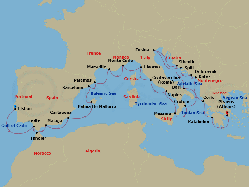Route map: Lisbon → Seville (Cadiz) → Tangier → Granada (Malaga) → Murcia (Cartagena) → Palma De Mallorca → Barcelona → Palamos → Marseille → Monte Carlo