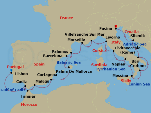 Route map: Lisbon → Seville (Cadiz) → Tangier → Granada (Malaga) → Murcia (Cartagena) → Palma De Mallorca → Barcelona → Palamos → Marseille → Villefranche-Sur-Mer