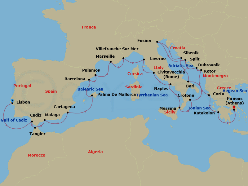 Route map: Lisbon → Seville (Cadiz) → Tangier → Granada (Malaga) → Murcia (Cartagena) → Palma De Mallorca → Barcelona → Palamos → Marseille → Villefranche-Sur-Mer
