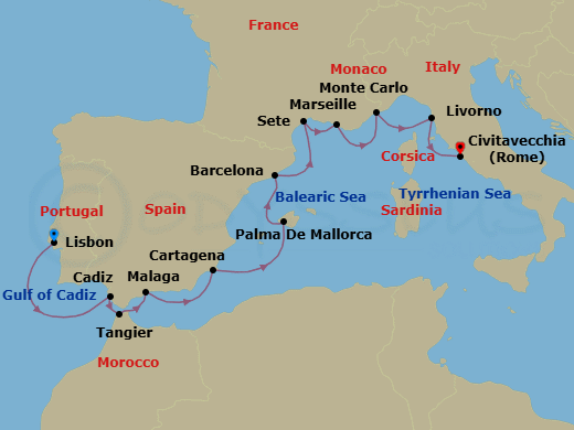 Route map: Lisbon → Seville (Cadiz) → Tangier → Granada (Malaga) → Murcia (Cartagena) → Palma De Mallorca → Barcelona → Sete → Marseille → Monte Carlo