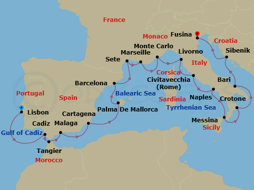 Route map: Lisbon → Seville (Cadiz) → Tangier → Granada (Malaga) → Murcia (Cartagena) → Palma De Mallorca → Barcelona → Sete → Marseille → Monte Carlo