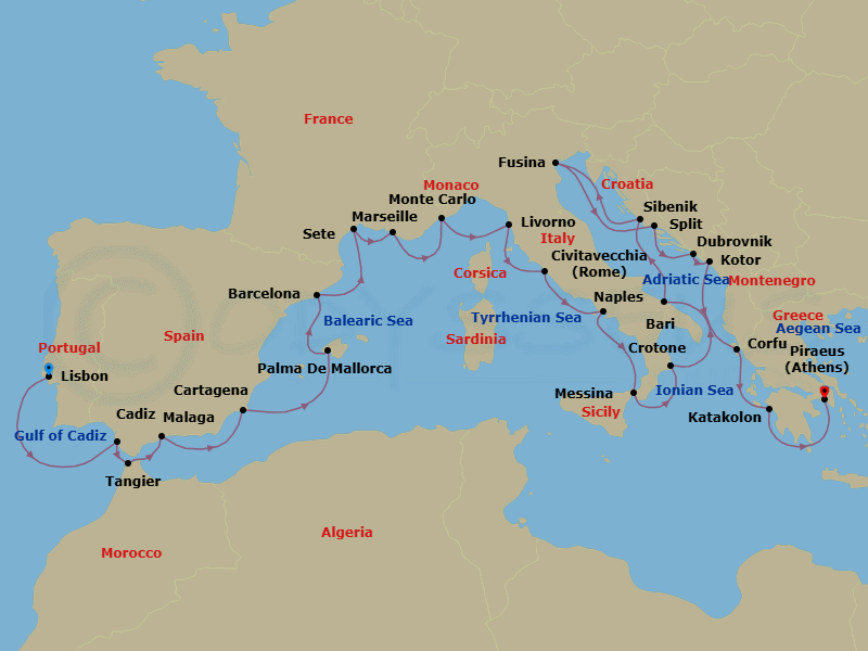 Route map: Lisbon → Seville (Cadiz) → Tangier → Granada (Malaga) → Murcia (Cartagena) → Palma De Mallorca → Barcelona → Sete → Marseille → Monte Carlo