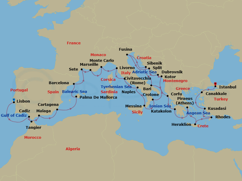 Route map: Lisbon → Seville (Cadiz) → Tangier → Granada (Malaga) → Murcia (Cartagena) → Palma De Mallorca → Barcelona → Sete → Marseille → Monte Carlo