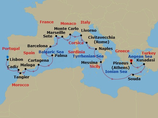 Route map: Lisbon → Seville (Cadiz) → Tangier → Granada (Malaga) → Murcia (Cartagena) → Palma De Mallorca → Barcelona → Sete → Marseille → Monte Carlo