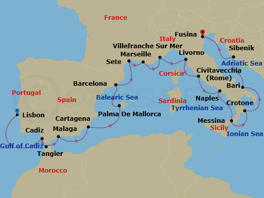 Route map: Lisbon → Seville (Cadiz) → Tangier → Granada (Malaga) → Murcia (Cartagena) → Palma De Mallorca → Barcelona → Sete → Marseille → Villefranche-Sur-Mer